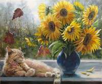 Без бренда «Подсолнухи в синей вазе возле кота» в Махачкала