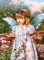 Милый ангелочек среди роз с бабочками