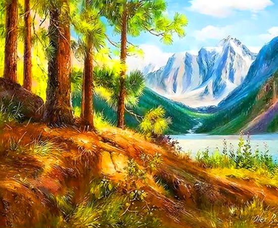 Картина по номерам 40x50 Сосновый лес и вид на горы