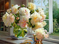 Без бренда «Ваза с букетом белых пионов у окна» в Махачкала