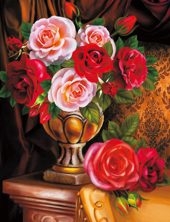 Алмазная мозаика 40x50 Букет роз в золотой вазе