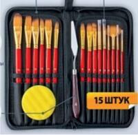 Без бренда «Коробка 50 шт.: Набор кистей для рисования в чехле, премиум набор (15 нейлоновых кистей, 1 мастихин) красные» в Махачкала