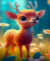 Маленький оленёнок среди ромашек