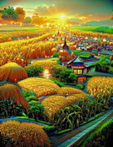 Пейзаж с пшеничным полем, домами и деревьями